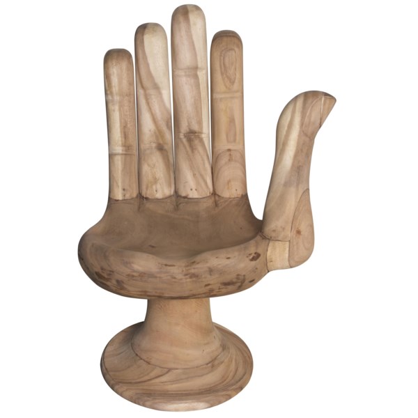 The Buddha Chair is a fun, modern furniture piece found in GDC's Charleston furniture stores. It's a hand-shaped chair made of solid teak — the palm makes up the seat and the fingers form the back.