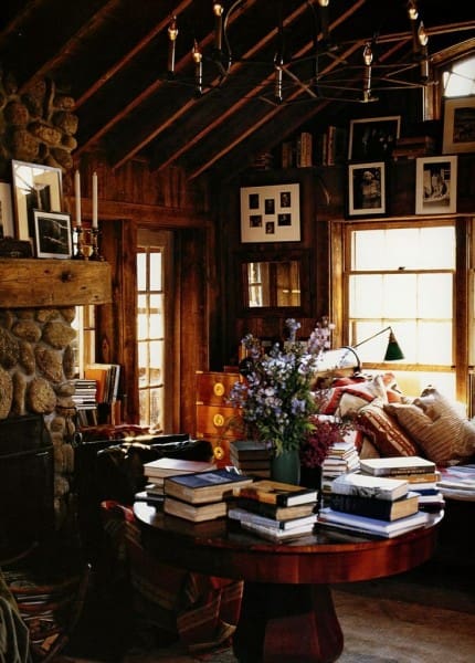warm clutered cabin library