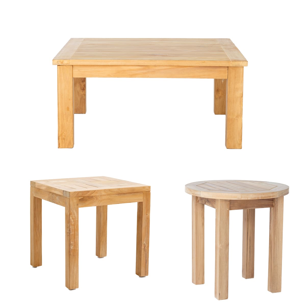 Three teak accent tables: one square, one rectangular, and one round. All are in a light teak wood with four sturdy legs. Shop the collection at West Ashley furniture stores