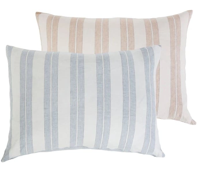The Carter Big Pillow, available at GDC's Charleston furniture stores, has broad stripes on one side and narrow stripes on the other in muted colors that pair nicely with seaside furniture styles.