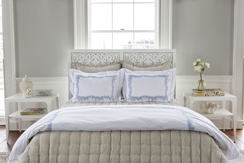 GDC home coastal bedroom with atoll shams