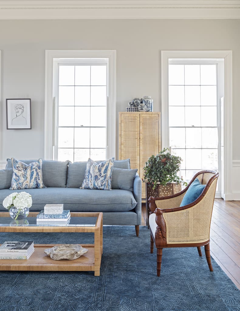 wicker texture-rich chair in coastal decor living room