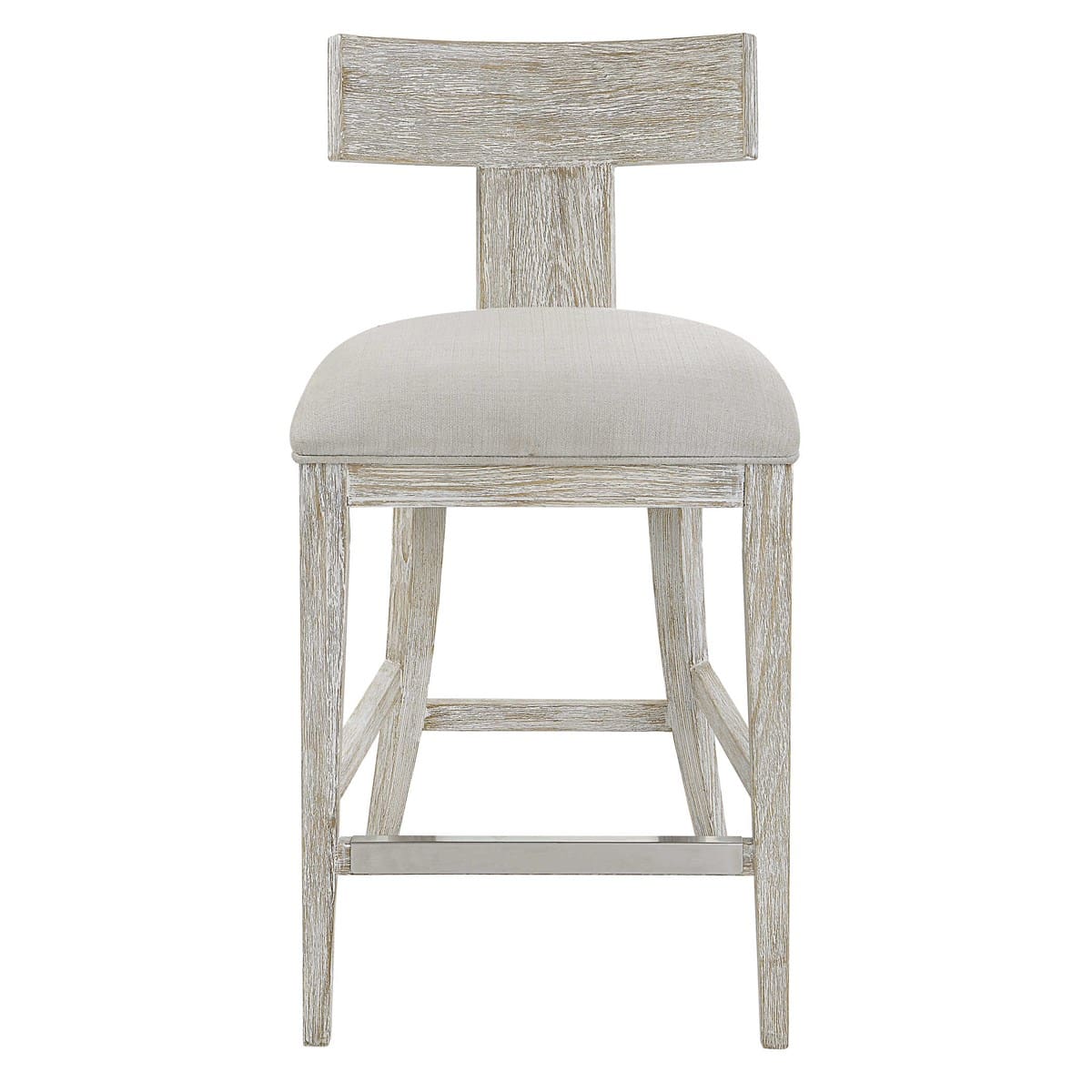 The iris counter stool is a modern klismos chair with a cimple curved back and a neutral, pale color palette. Available at Charleston furniture store GDC Furniture