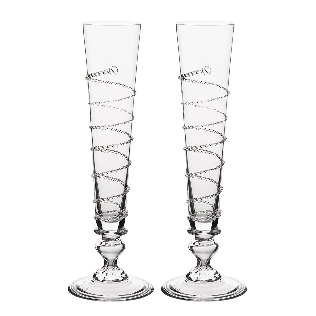 The Amalia Champagne Flute Set features a delicate swirl detail around the glass. Available at Mt. Pleasant home decor store GDC